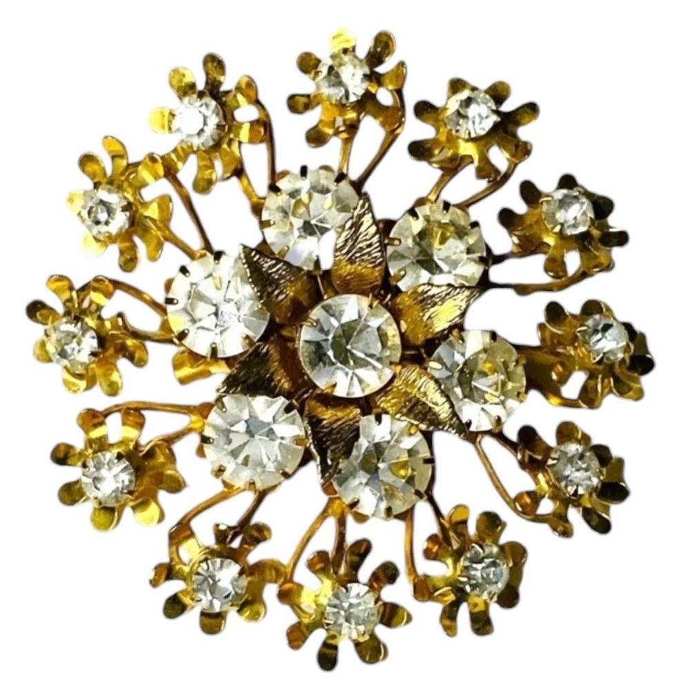 Vintage Flower Rhinestone Gold Tone Round Brooch